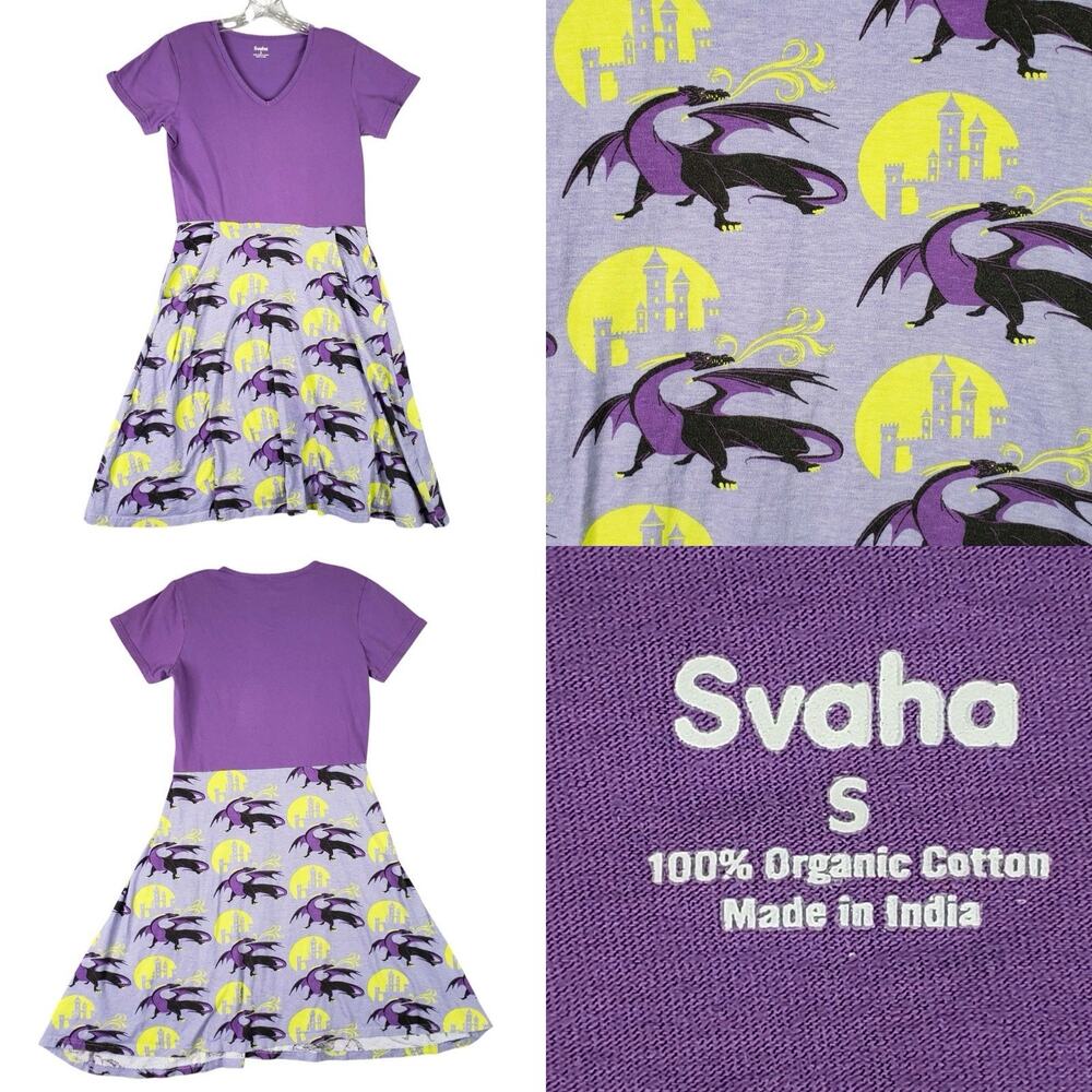 Svaha USA Twirl Dress Organic Cotton SS Purple Dragon Print Size Small S